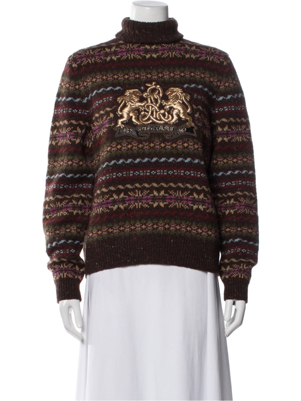 Ralph Lauren Purple Label | Brown Fair Isle Turtleneck Sweater with Gold Crest